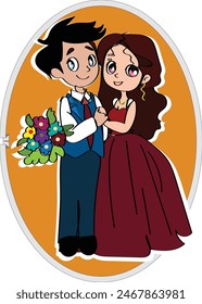 bride and groom. Wedding A young couple in love Illustration.married couple cartoon bride and groom with bouquet flowers