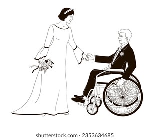 bride and groom in wheelchairs, black and white vector illustration