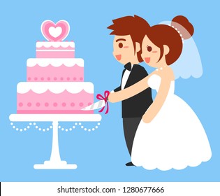  the bride and groom will cut the wedding cake, The cake cutting ceremony.flat vector illustration EPS10.