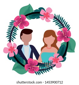 bride and groom wreath flowers wedding day vector illustration