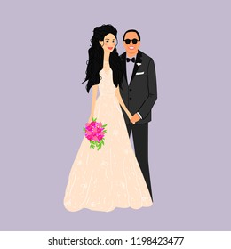 Bride and groom.Couple. Wedding card with the newlyweds. Isolated objects. Vector illustration.