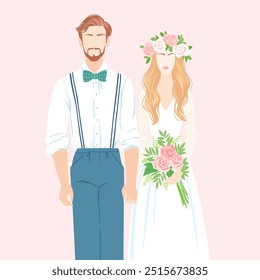 Novia y novio en estilo boho, pareja, ilustración de silueta de Vector de matrimonio.