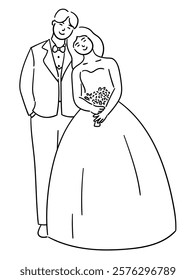 Bride is happily leaning on the groom's shoulder vector illustration