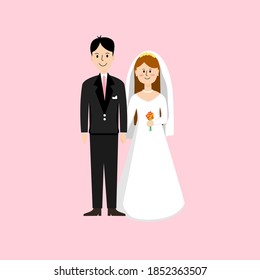 The bride held the groom's hand and held a bouquet of flowers on pink background. Flat design vector.