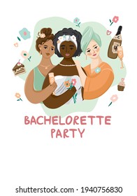 Bride and her friends at a bachelorette party in pajamas. Girls of different nationalities in dressing gowns with elements of a home spa. Holiday with flowers, champagne, sweets. Vector illustration