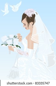 The bride in her wedding dress with a bouquet of flowers and two white doves flying
