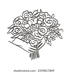 Bride hold bouquet of flowers and wear hand gloves. Wedding icon or vector illustration in ink line doodle style perfect for invitations, save the date cards templates. Retro elegant simple drawing.