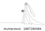 Bride holding a bouquet continuous line drawing.One line bride silhouette side view wearing a wedding dress.Continuous line hand drawn vector illustration for wedding,bridal shower invitation
