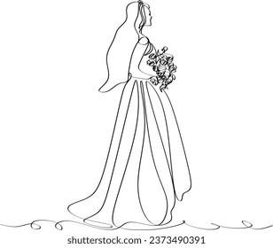 Bride holding a bouquet continuous line drawing.One line bride silhouette side view wearing a wedding dress.Continuous line hand drawn vector illustration for wedding,bridal shower invitation