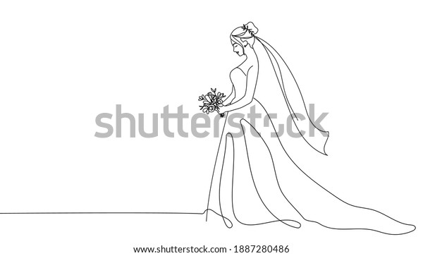 Bride\
holding a bouquet continuous line drawing.One line bride silhouette\
side view wearing a wedding dress.Continuous line hand drawn vector\
illustration for wedding,bridal shower\
invitation