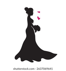 Bride holding a bouquet continuous One bride silhouette side view wearing a wedding dress.Continuous line hand drawn vector illustration for wedding,bridal shower invitation