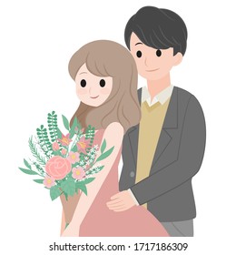 bride holding a bouquet of flowers and groom hugging her from back