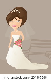 Bride holding a bouquet of pink roses.