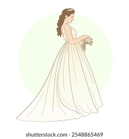 Bride holding a bouquet, bride silhouette side view wearing a wedding dress.