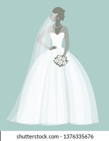 Bride holding a bouquet, vector illustration for greeting card, invitation, banner, flyer.