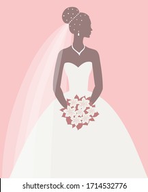 Bride holding a bouquet, vector illustration for greeting card, invitation, banner, bridal shower.