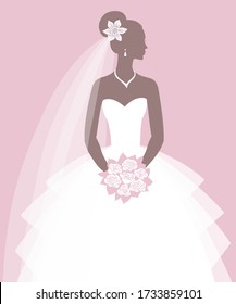 Bride holding a bouquet, vector illustration for greeting card, invitation, banner, bridal shower.