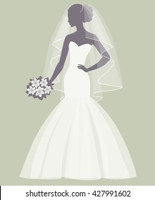 Bride holding a bouquet, vector illustration for greeting card, invitation, banner, flyer.