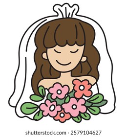 Bride holding flower. vector doodle illustration