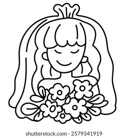 Bride holding flower. vector doodle outline illustration

