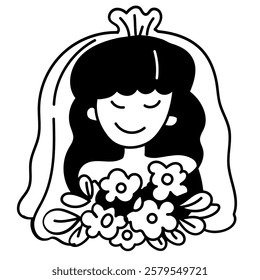 Bride holding flower. vector doodle illustration