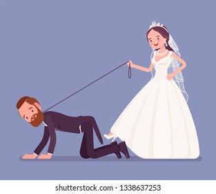 Bride holding groom on dog leash. Unhappy man oppressed by woman on traditional celebration, wife in married couple controlling. Marriage customs, traditions. Vector illustration