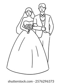 Bride is holding the groom's hand, wedding day couple vector illustration