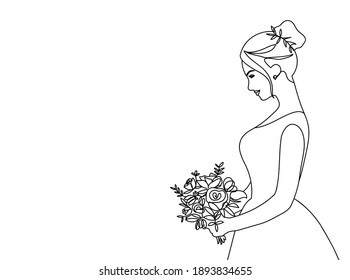 Bride holding a wedding bouquet side view in continuous line art. One line art for wedding invitation, bridal shower, engagement, greeting card, poster or photo album. Vector illustration