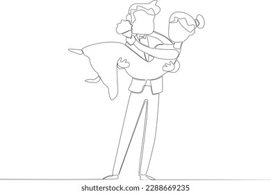 A bride holds a flower while being carried by the groom. Wedding one-line drawing