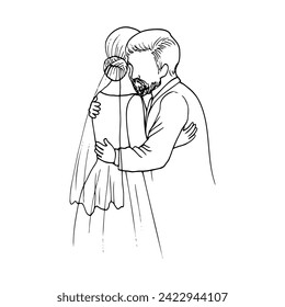 the bride hugs her father at the wedding. hand drawn drawing of father and daughter hugging at wedding