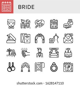 bride icon set. Collection of Wedding day, Groom, Bride, Honeymoon, Guest list, Wedding invitation, Wedding ring, arch, Bride dress, Rings, Ring icons