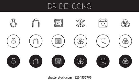 bride icons set. Collection of bride with engagement ring, wedding arch, wedding video, wedding bells, wedding day, rings. Editable and scalable bride icons.