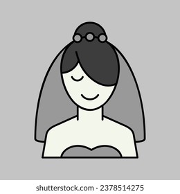 Bride isolated grayscale icon. Vector illustration, romance elements. Sticker, patch, badge, card for marriage, valentine