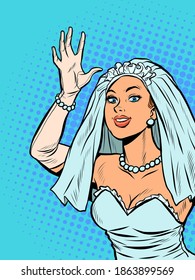 The bride joyfully welcomes, happiness on the wedding day. Pop art retro illustration kitsch vintage 50s 60s style