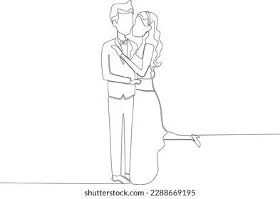 A bride kisses her partner at the wedding. Wedding one-line drawing
