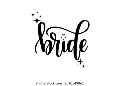 Bride lettering with engagement ring and sparkles. Vector icon design.