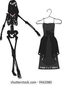 Bride of Life is a conceptual illustration of a skeleton with a wedding dress, on a bone coat hanger.