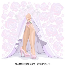 Bride lifted hem of her wedding dress, shows garter leg. Illustration in vector format