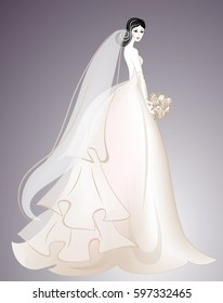 Bride in long chic dress. Wedding fashion. Invintation design. Woman silhouette