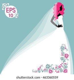 Bride in long chic white dress. Wedding fashion. Invintation design. Woman silhouette