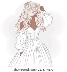 Bride in a lush wedding dress, vector illustration of wedding fashion, invitation, postcard