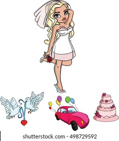 Bride with the machine, cake, doves holding heart