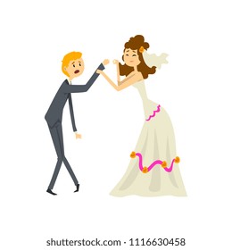 Bride manipulating her groom, couple of newlyweds cartoon vector Illustration on a white background