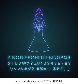 Bride neon light icon. Fiancee. Woman in wedding dress and bouquet. Wedding atelier. Glowing sign with alphabet, numbers and symbols. Vector isolated illustration