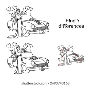 The bride next to the wedding car. Find 7 differences. Tasks for children. Vector illustration