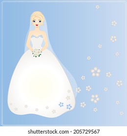 Bride on blue background. Vector card for wedding.