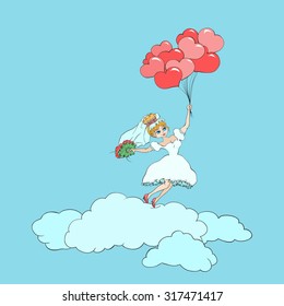 bride on the clouds with balloons.