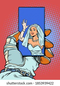 Bride on an online video conference call with an astronaut. Pop art retro illustration kitsch vintage 50s 60s style