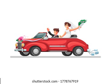 Bride on retro convertible car just married couple. wedding car symbol in cartoon illustration vector on white background