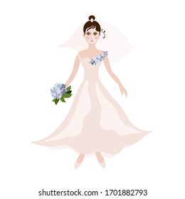 Bride on a white background with flowers in her hands